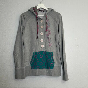 Hurley Women’s Size Large Pullover Button Hoodie LongSleeve Grey Teal Pink Retro